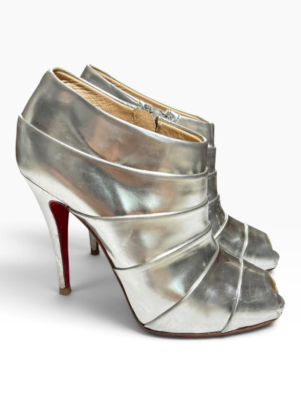Christian Louboutin Robot 120 Silver Metallic Peep Toe Booties Heels 37